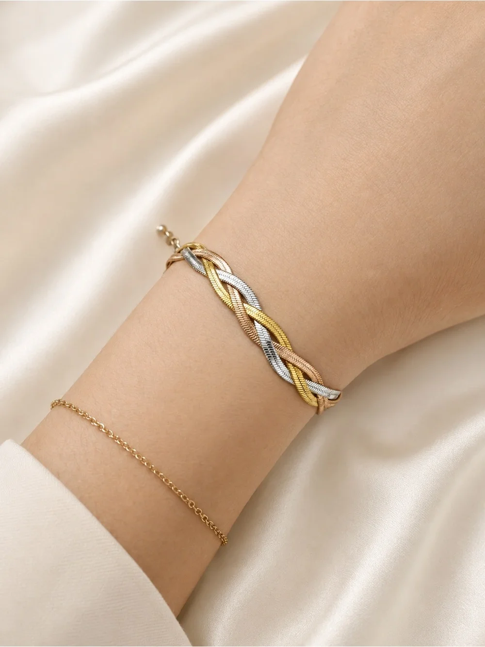 18k Gold Plated Tri-Tone Braided Women's Bracelet - Gold, Rose Gold & Silver